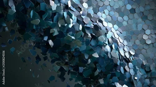 Obraz Ceramic mosaic shattering into indigo and emerald fragments, wide view