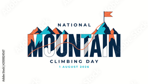 National mountain climbing day typography with blue and orange graphic peaks