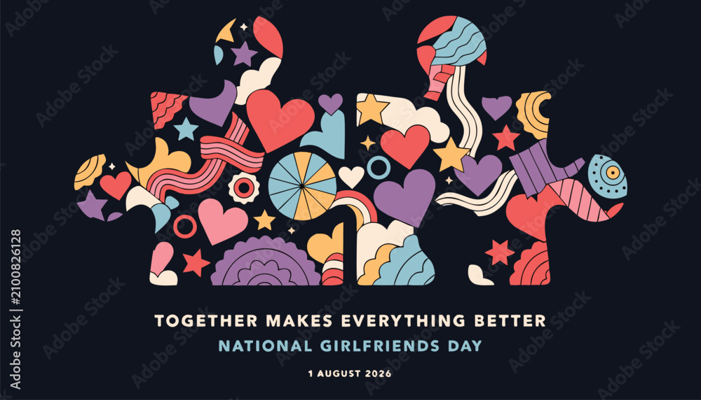 Fototapeta premium Two colorful puzzle pieces representing friendship and love for girlfriends day