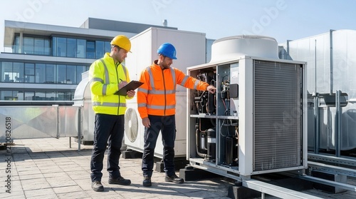 Service engineers examining an outdoor air conditioning unit during a routine maintenance check.