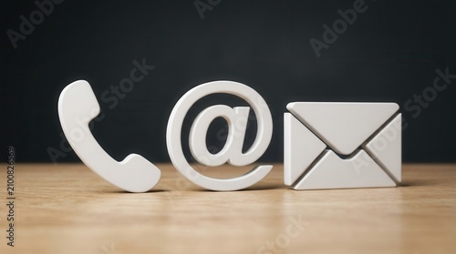 Minimalist 3D white symbols for telephone, email, and internet contact concept.
