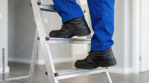 A repairman using a step ladder while wearing protective work footwear.