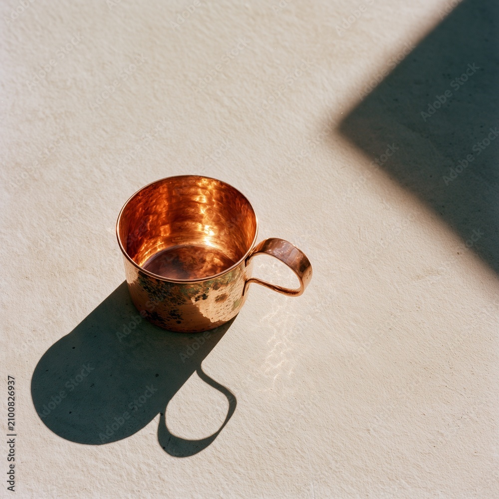 Fototapeta premium Hand-forged copper measuring cup with hammered patina on concrete