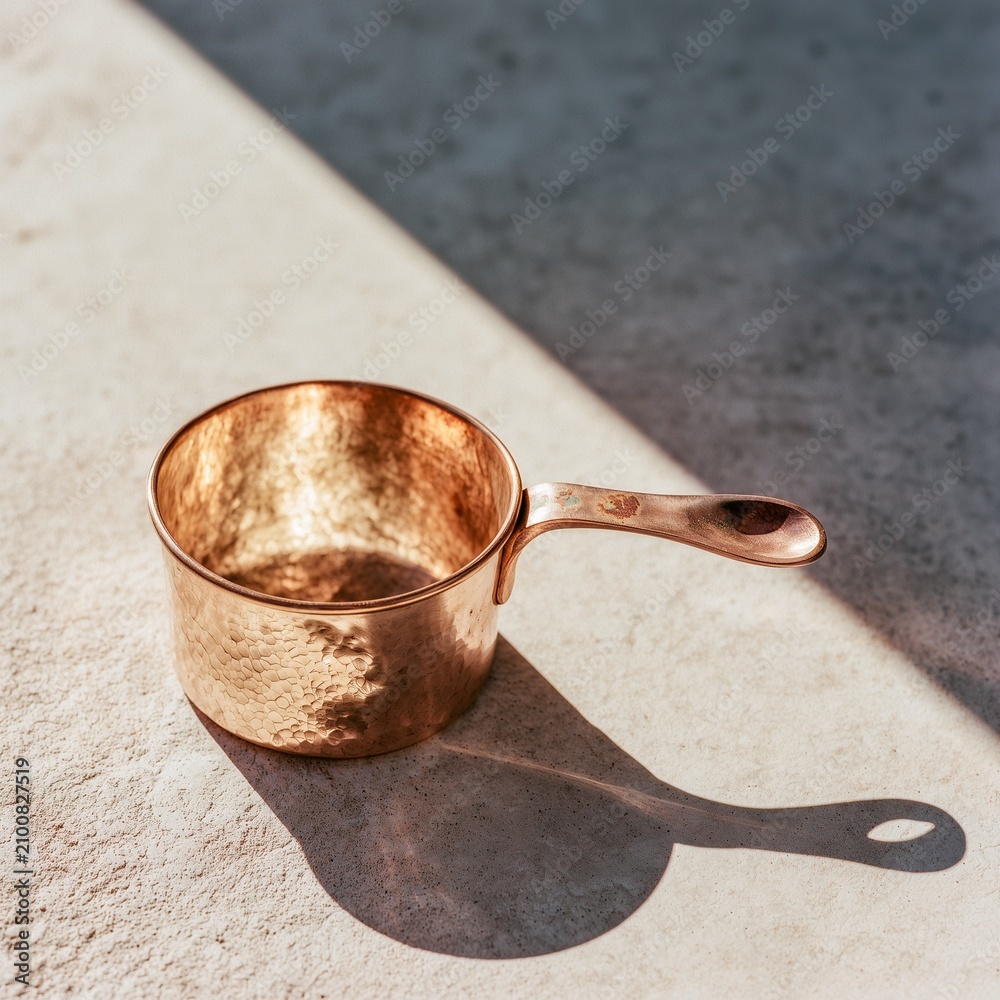 Fototapeta premium Hand-forged copper measuring cup with dented rim, side view
