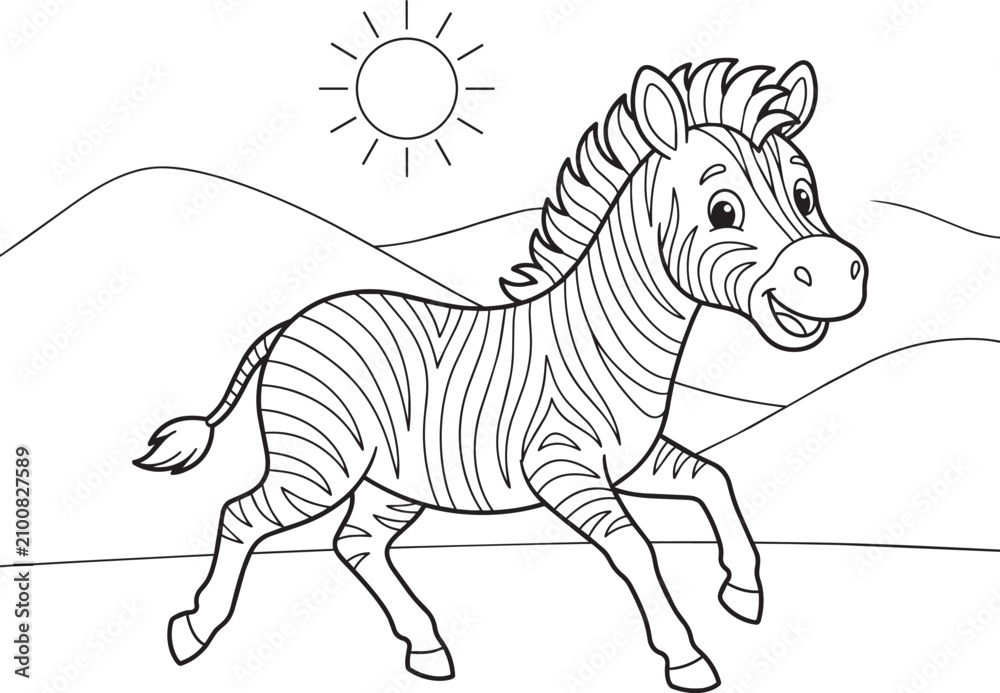 Obraz premium Happy zebra coloring page in a natural landscape. Black and white vector illustration for children's coloring books, educational worksheets, and printable learning activities.
