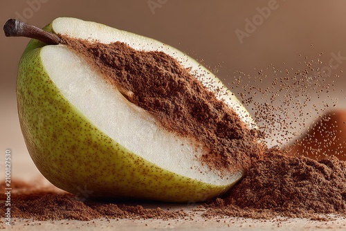 Ripe pear slice with cinnamon dust on cream