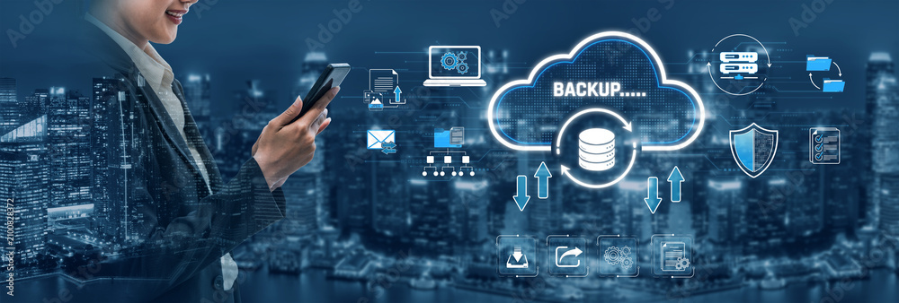 Fototapeta premium Businesswoman Holding Smartphone with Cloud Backup Concept and Technology Icons Over Cityscape at Night Sigmoid