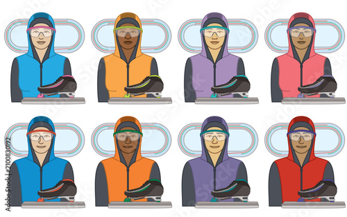 diversity, race, ethnicity of long-track speed skating skater vector icons, male and female, wearing spandex skin suit including skates, track diagram, isolated on a white background