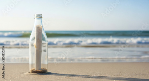 Message in bottle standing on sandy tropical beach with ocean waves and clear sky in a soft natural daylight setting