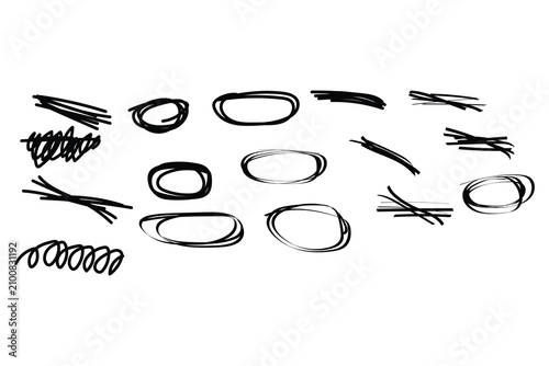 Set of black hand drawn marker circles and scribble lines for design elements and highlight marks