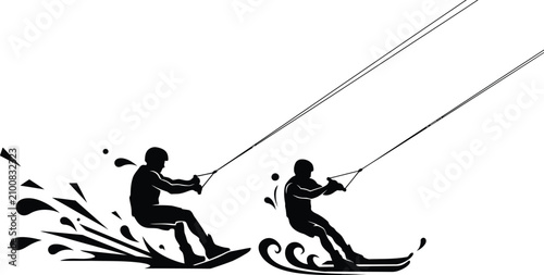 Obraz na plátne Water Skiing and Slalom Water Sports Silhouette Set with Dynamic Splash Vector I