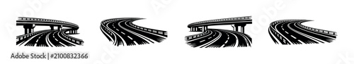 Photography Curving highway overpass with lanes and guardrails in a graphic style
