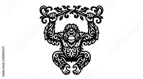 Photography Symmetrical tribal monkey with floral accents.