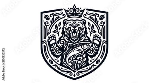 Obraz na plátne Bear and salmon shield with royal crown.