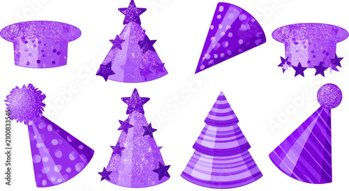 A collection of purple party hats on transparent background