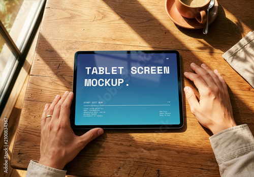 Modern Tablet On Rustic Wooden Dining Table