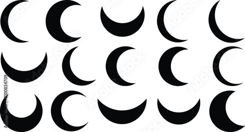 Black crescent moon phases on white background for Halloween or astrology designs