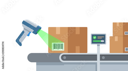 Automated package scanning on a conveyor belt with barcode reader and digital display