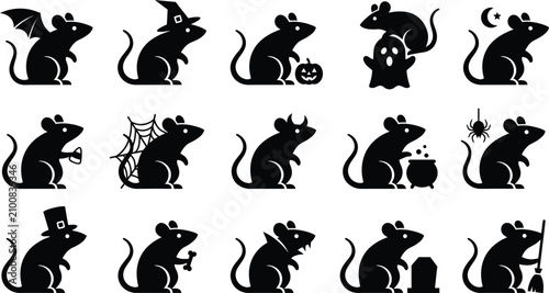 Foto Halloween themed black silhouettes of rats and mice in various costumes and sett