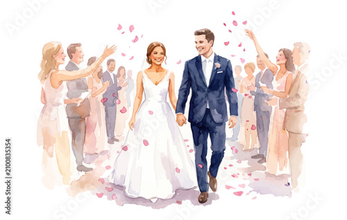 Bride and Groom Recessional with Petals Watercolor Vector Wedding Scene