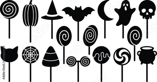 Halloween themed lollipop icons in black and white for party decorations or candy