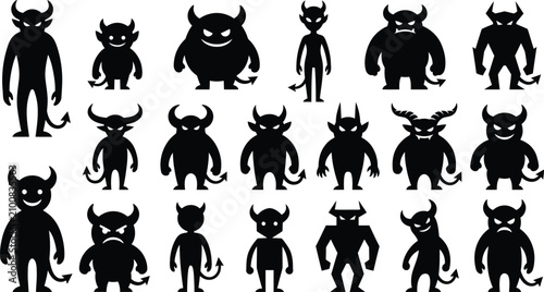 Fényképezés Black silhouettes of various devil characters for Halloween designs