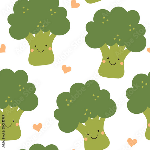 Cute smiling broccoli seamless pattern. Vector illustration on white background. It can be used for wallpapers, wrapping, cards, patterns for clothes and other.
