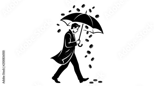 Canvas Print Man with Umbrella Walking in Money Shower