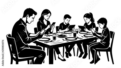 Photos Family ignoring each other at dinner table, absorbed in smartphones and tablets