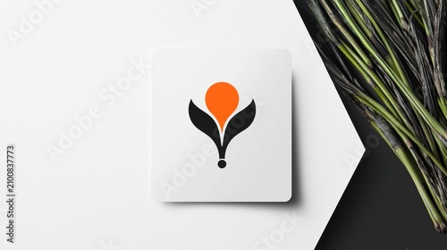 Minimalist logo design on white card.