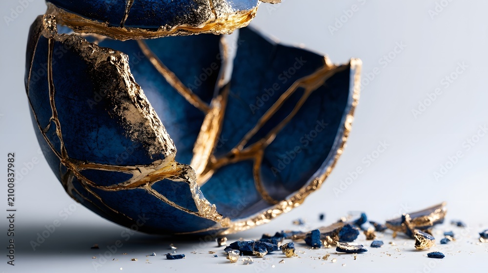 Obraz premium Cracked ceramic vessel with glowing gold kintsugi seams, wide view