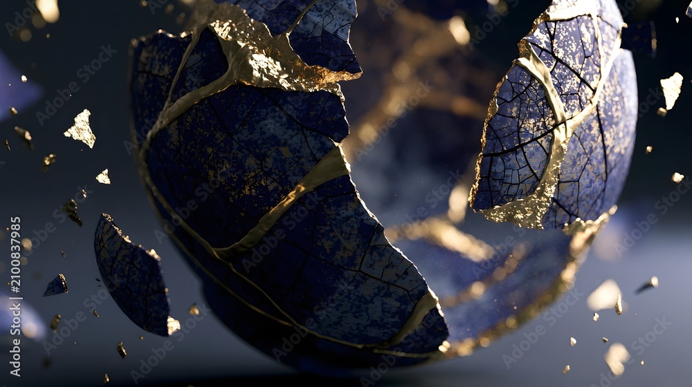 Fototapeta premium Ceramic vessel shattering with molten gold kintsugi cracks
