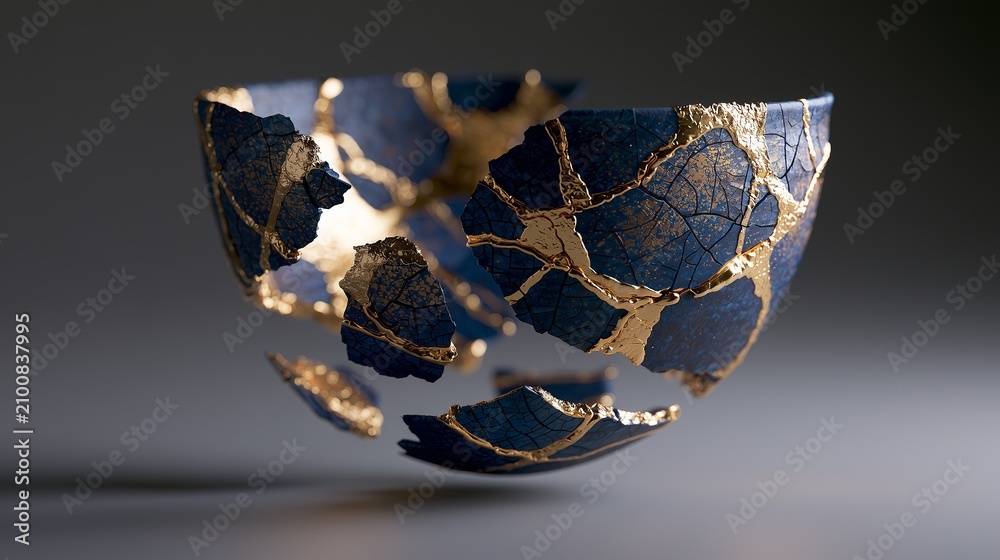 Obraz premium Abstract kintsugi fracture with pooling gold seams on ceramic