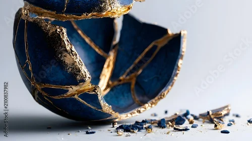 Obraz Cracked ceramic vessel with glowing gold kintsugi seams, wide view