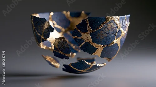 Obraz Abstract kintsugi fracture with pooling gold seams on ceramic