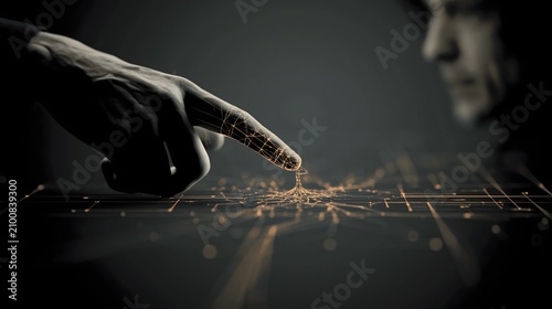 Human finger touching glowing golden neural network node beside blurred male face illustrating artificial intelligence connection concept