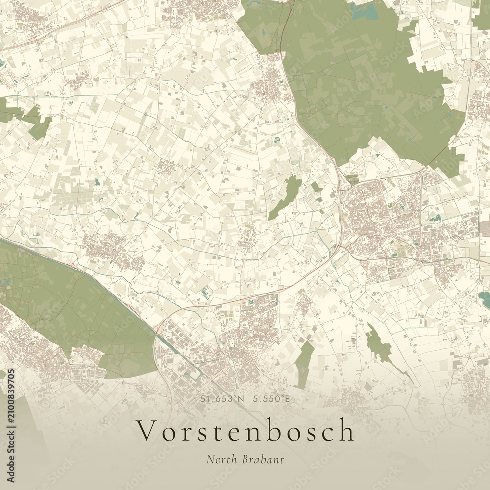 Naklejka premium Vintage Canvas Map of Vorstenbosch, Netherlands | Scandinavian Wall Art | Historic Topographic