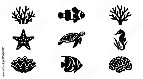 Black silhouette icons of coral and tropical marine life.