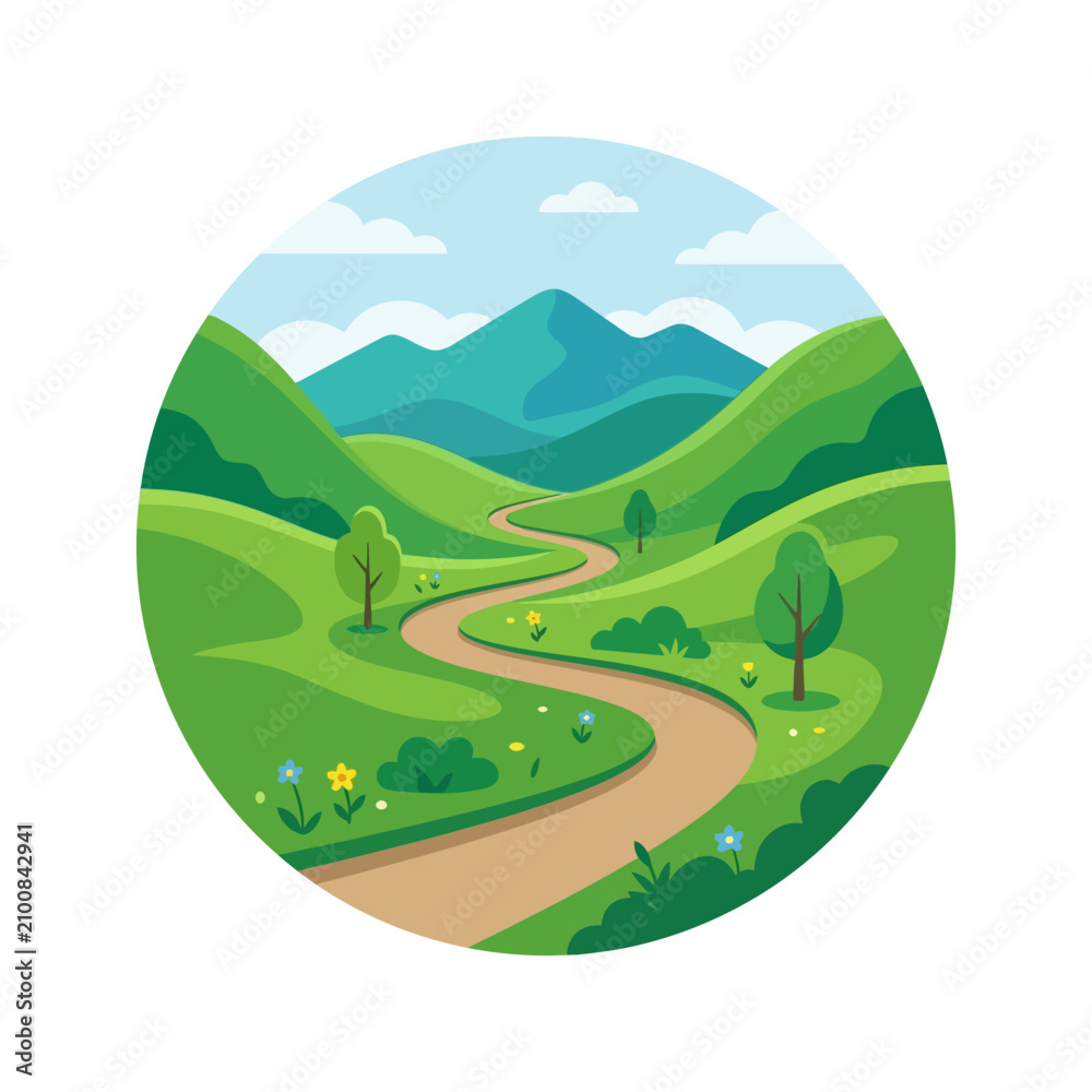 Obraz premium Scenic Flat Illustration of Winding Mountain Road and Green Hills in a Circle