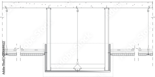 Technical vector blueprint detailing a suspended ceiling system with recessed lighting or ventilation integration, featuring structural hangers.