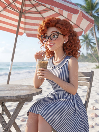 ビーチのパラソルの下でアイスコーヒーを飲んでリラックスするレトロで可愛い女性