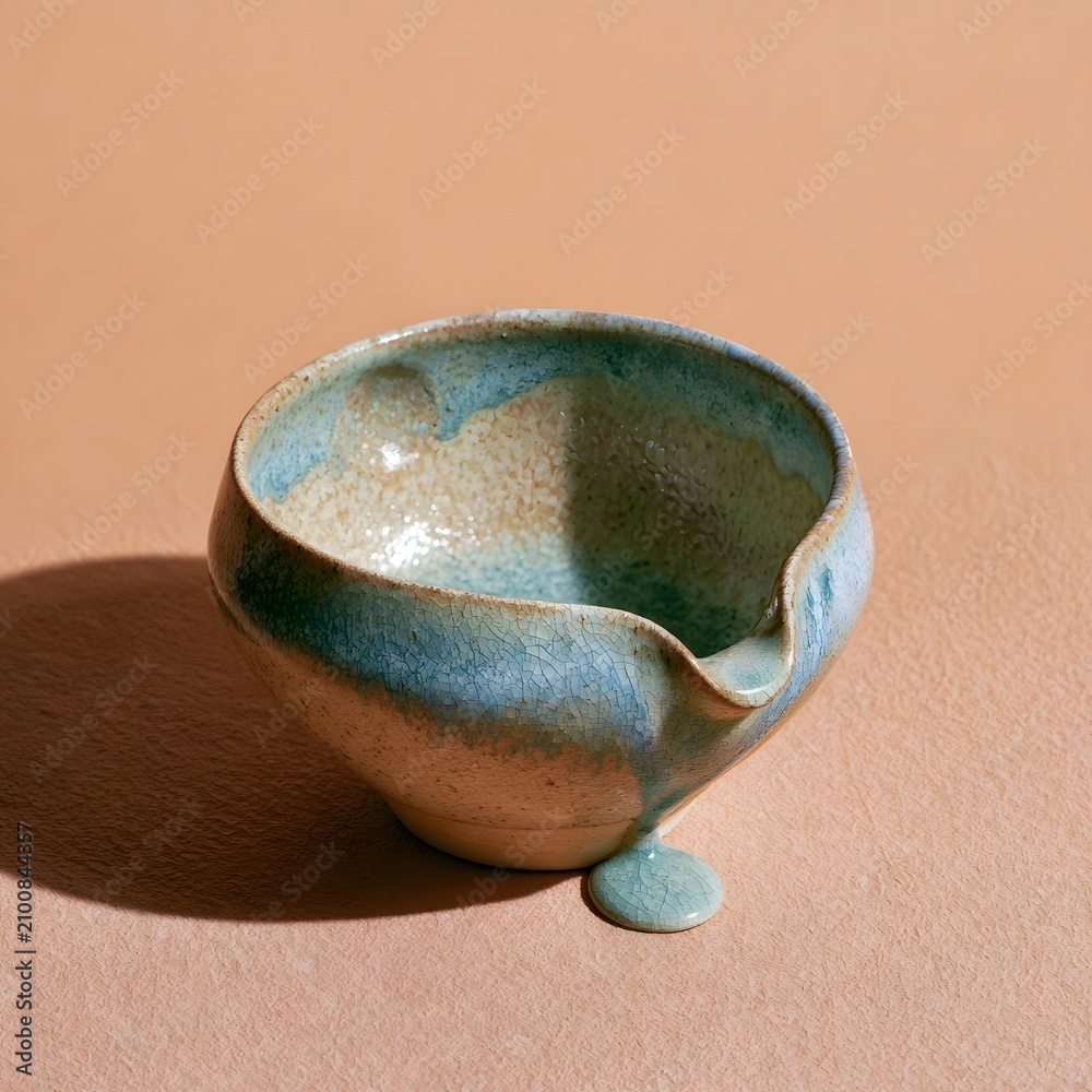 Fototapeta premium Handmade Ceramic Pouring Bowl with Teal Glaze Drip Detail