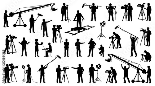 Black silhouettes of professional film crew members with camera equipment lighting and boom microphones on white background, symbolizing cinema production, illustrating media industry work