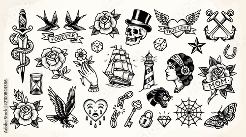 Vintage black and white traditional tattoo flash sheet with various classic icons like roses, skulls, anchors and eagles, represents artistic inspiration and provides retro design elements