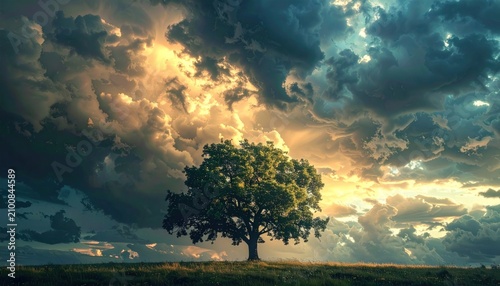 Majestic tree silhouetted against a dramatic sky with golden light breaking through