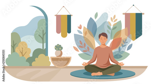 Vector illustration of a person meditating in lotus pose at home for mindfulness and mental health. EPS Editable. Vector Illustrations.