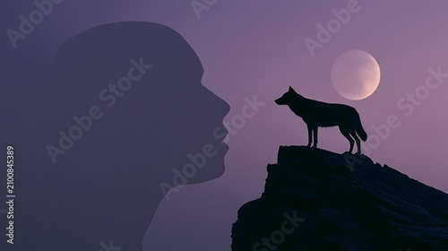Prompt: A psychological conceptual shot of internal alertness. A sharp silhouette profile of a head looking back is double-exposed with a dramatic, high-contrast landscape of a wolf standing 