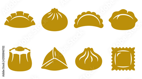 Foto Golden dumpling and dim sum variety icon collection.