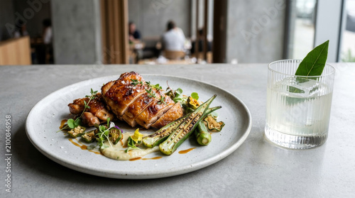 Frango grelhado com quiabo, purê  de mandioquinha e legumes servido com drink gim tônica em mesa de restaurante moderno, conceito de alta gastronomia contemporânea