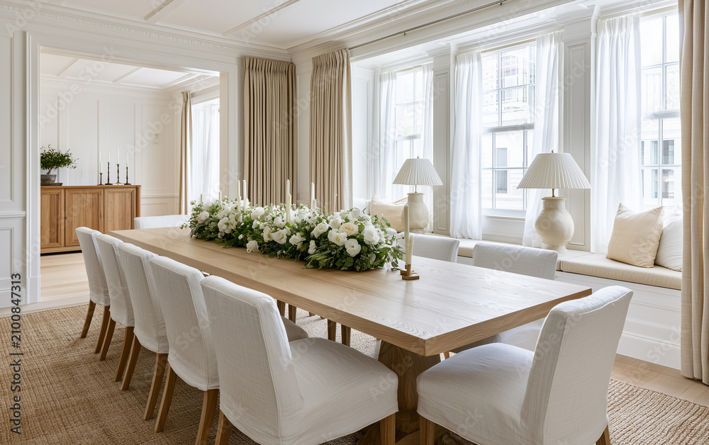 Fototapeta premium Bright dining room with extra long wooden table, white upholstered chairs, large windows, neutral decor, and natural light create welcoming
